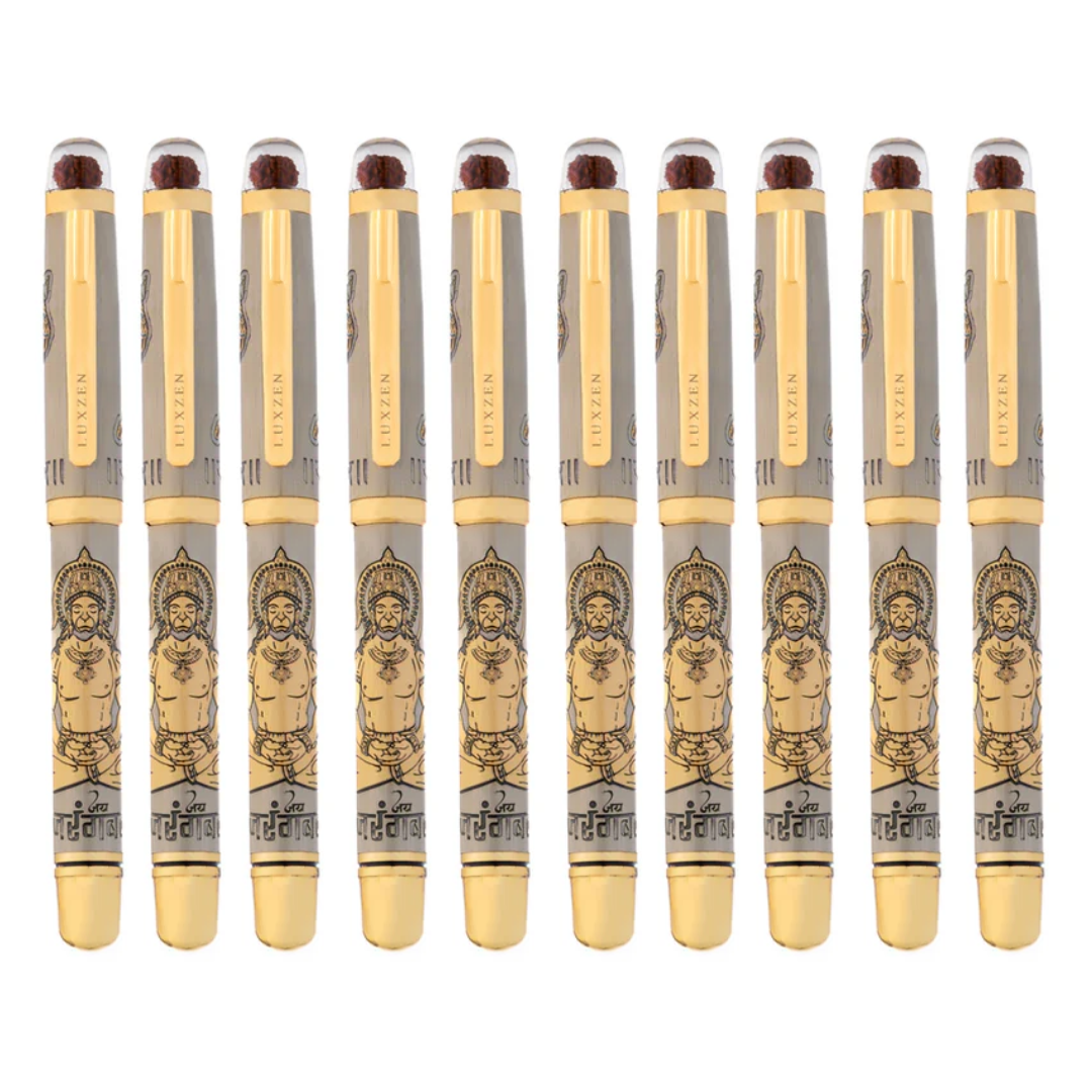 Personalised Sacred Lord Bajrangbali Hanuman Metal Roller Pen with Rudraksh Bead Embed - The Gifting Era