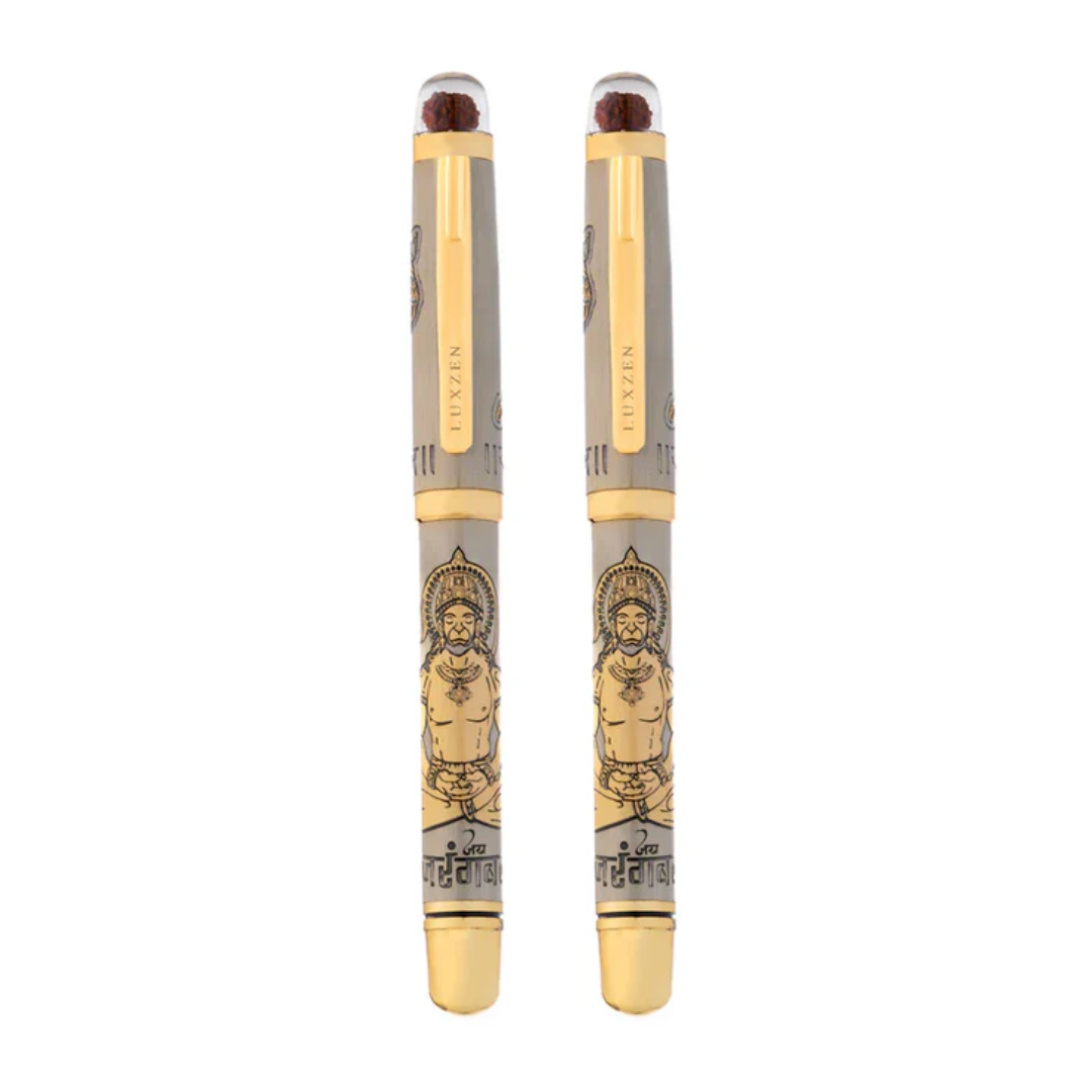 Personalised Sacred Lord Bajrangbali Hanuman Metal Roller Pen with Rudraksh Bead Embed - The Gifting Era