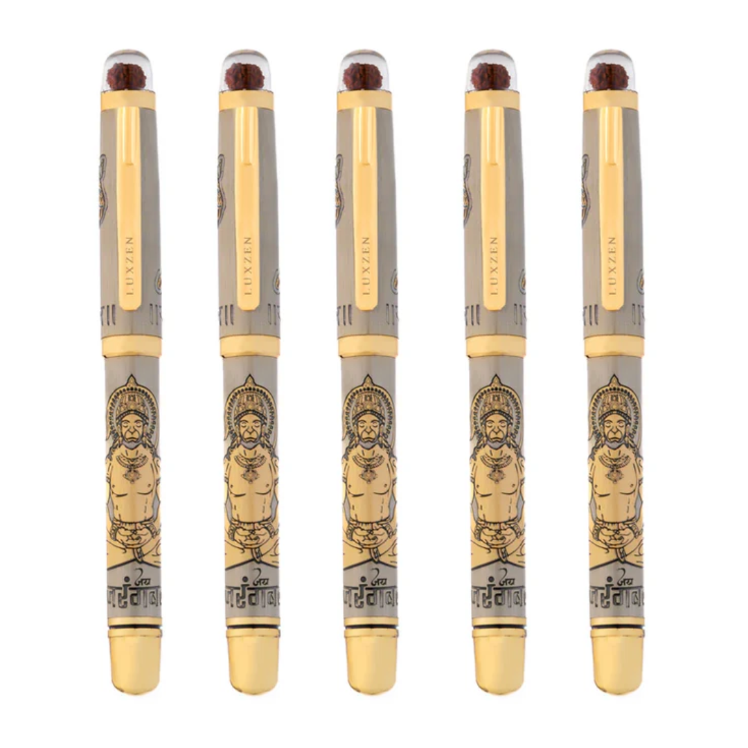 Personalised Sacred Lord Bajrangbali Hanuman Metal Roller Pen with Rudraksh Bead Embed - The Gifting Era