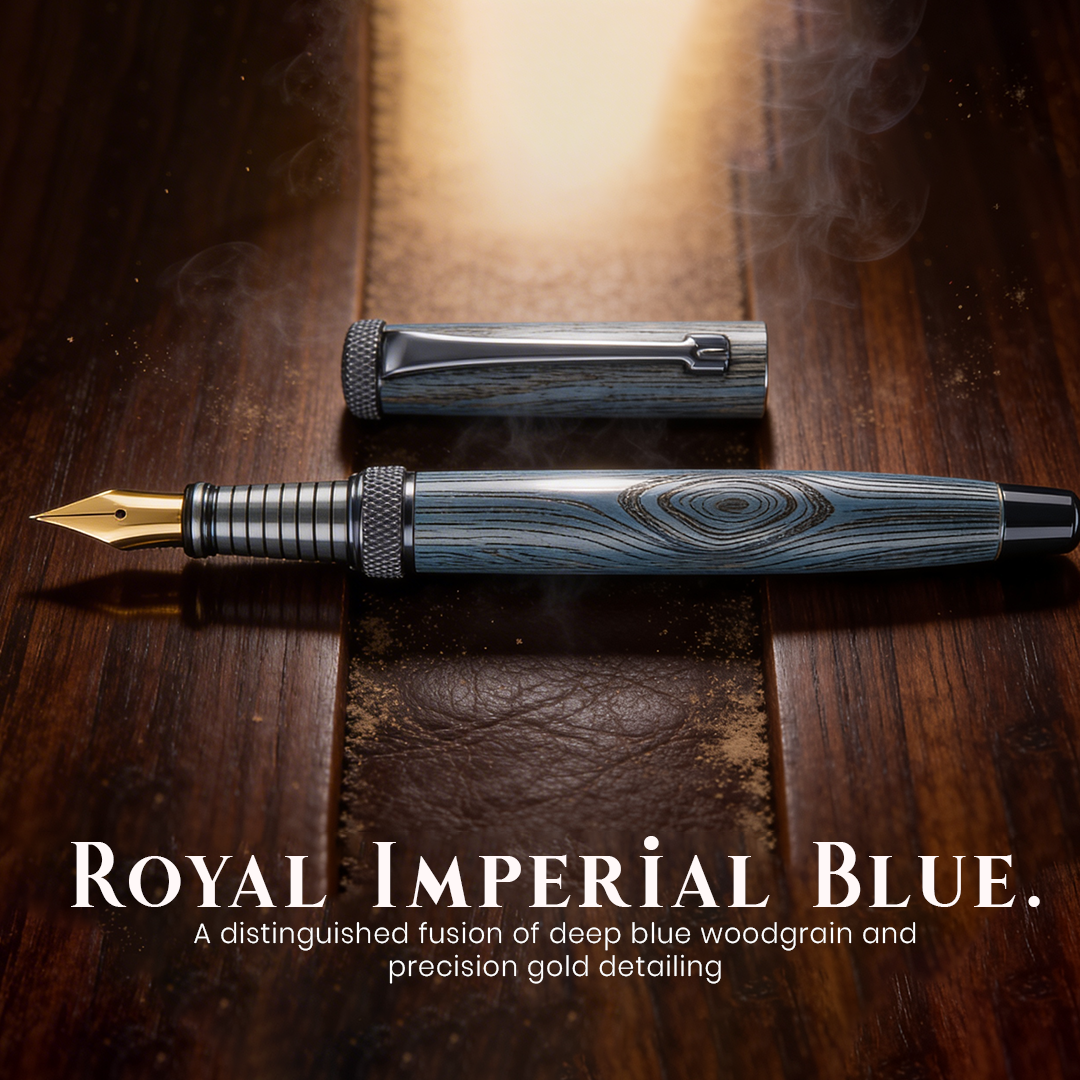 Woodwright Limited Edition Wooden Textured Metallic Fountain Pen - Imperial Blue Gold - The Gifting Era