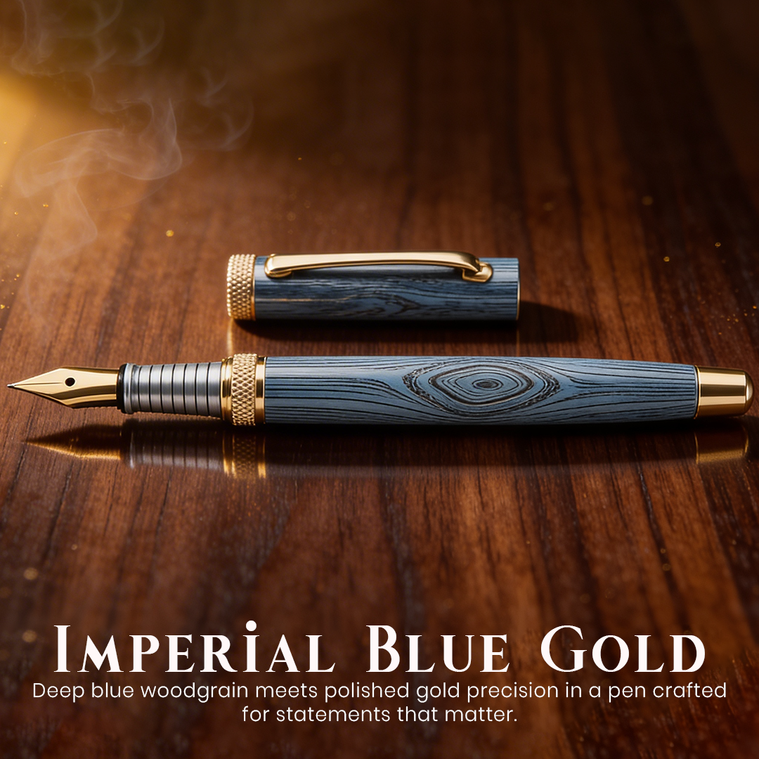 Woodwright Limited Edition Wooden Textured Metallic Fountain Pen - Imperial Blue Gold - The Gifting Era