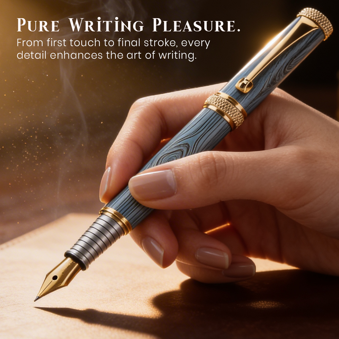 Woodwright Limited Edition Wooden Textured Metallic Fountain Pen - Imperial Blue Gold - The Gifting Era