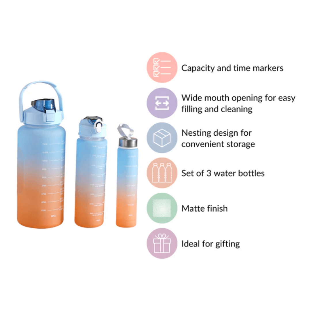 Motivational Sport & Gym Water Bottle - Set of 3 - Blue & Orange - The Gifting Era