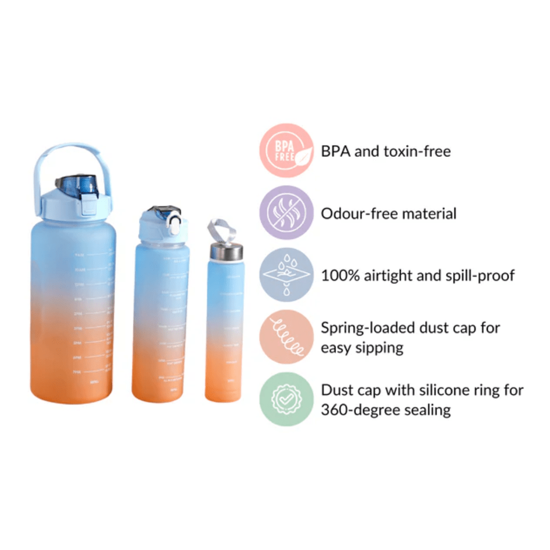 Motivational Sport & Gym Water Bottle - Set of 3 - Blue & Orange - The Gifting Era