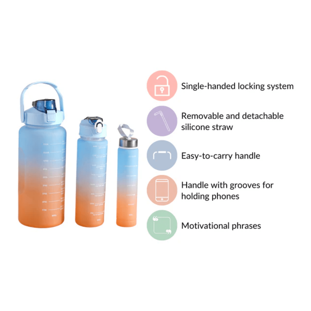 Motivational Sport & Gym Water Bottle - Set of 3 - Blue & Orange - The Gifting Era