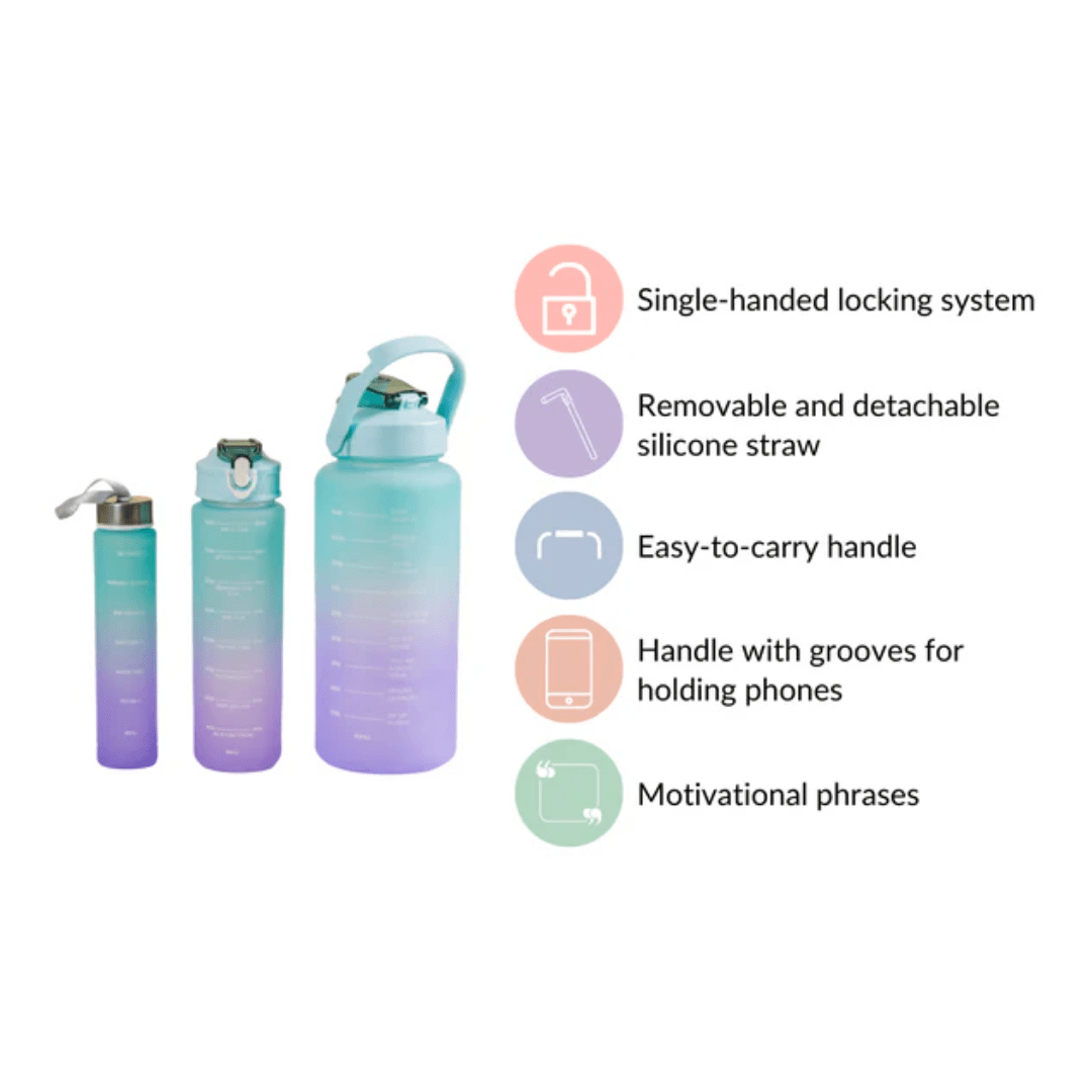 Motivational Sport & Gym Water Bottle - Set of 3 - Green & Lavender - The Gifting Era