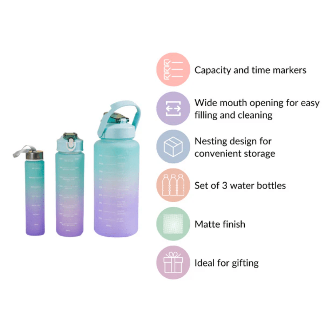Motivational Sport & Gym Water Bottle - Set of 3 - Green & Lavender - The Gifting Era