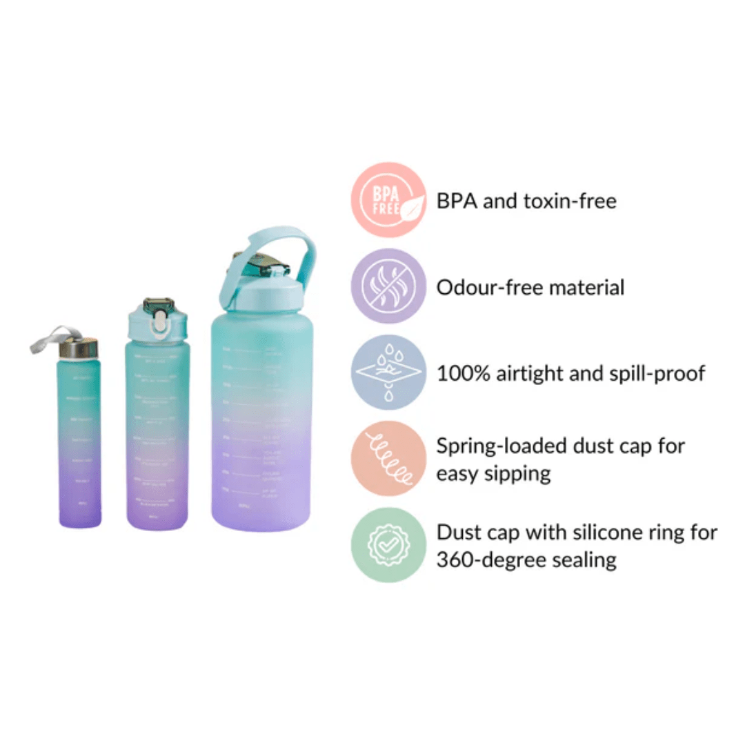 Motivational Sport & Gym Water Bottle - Set of 3 - Green & Lavender - The Gifting Era