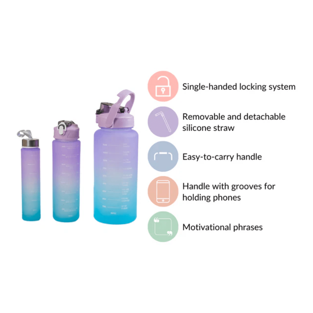 Motivational Sport & Gym Water Bottle - Set of 3 - Lavender & Light Blue - The Gifting Era