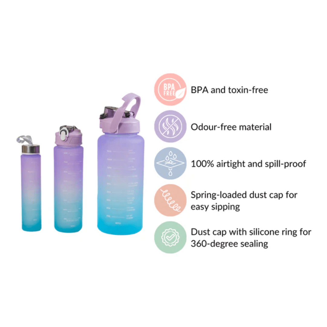 Motivational Sport & Gym Water Bottle - Set of 3 - Lavender & Light Blue - The Gifting Era