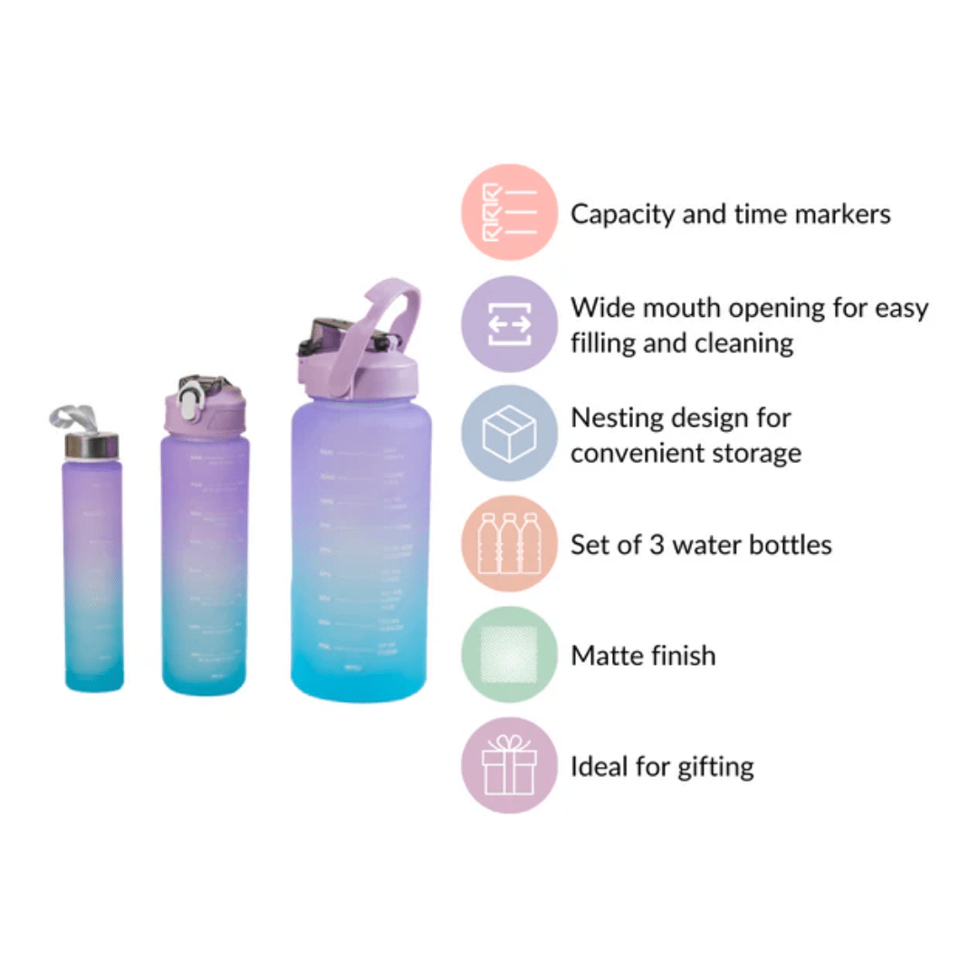 Motivational Sport & Gym Water Bottle - Set of 3 - Lavender & Light Blue - The Gifting Era
