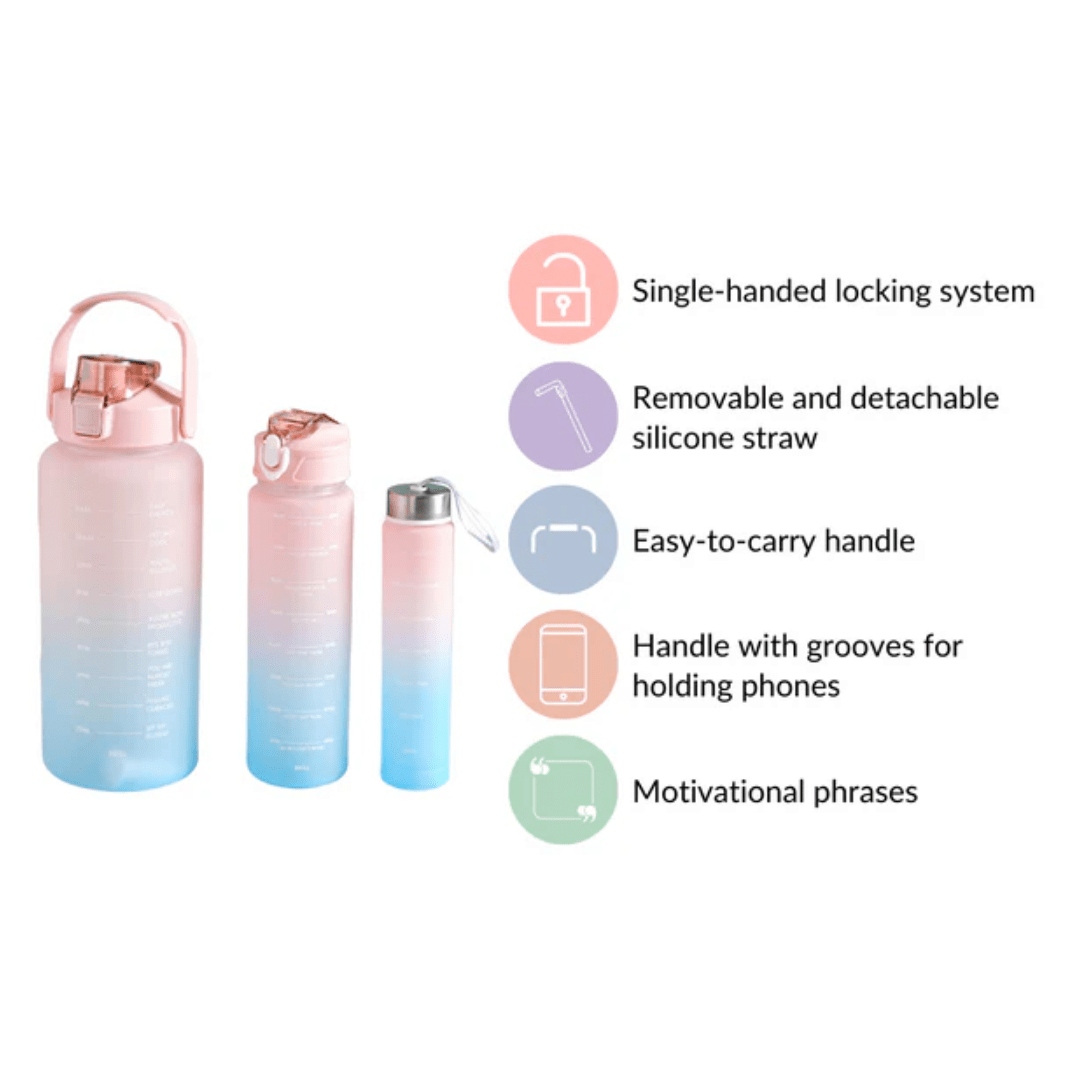 Motivational Sport & Gym Water Bottle - Set of 3 - Pink & Blue - The Gifting Era