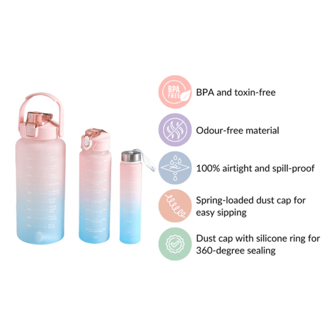 Motivational Sport & Gym Water Bottle - Set of 3 - Pink & Blue - The Gifting Era