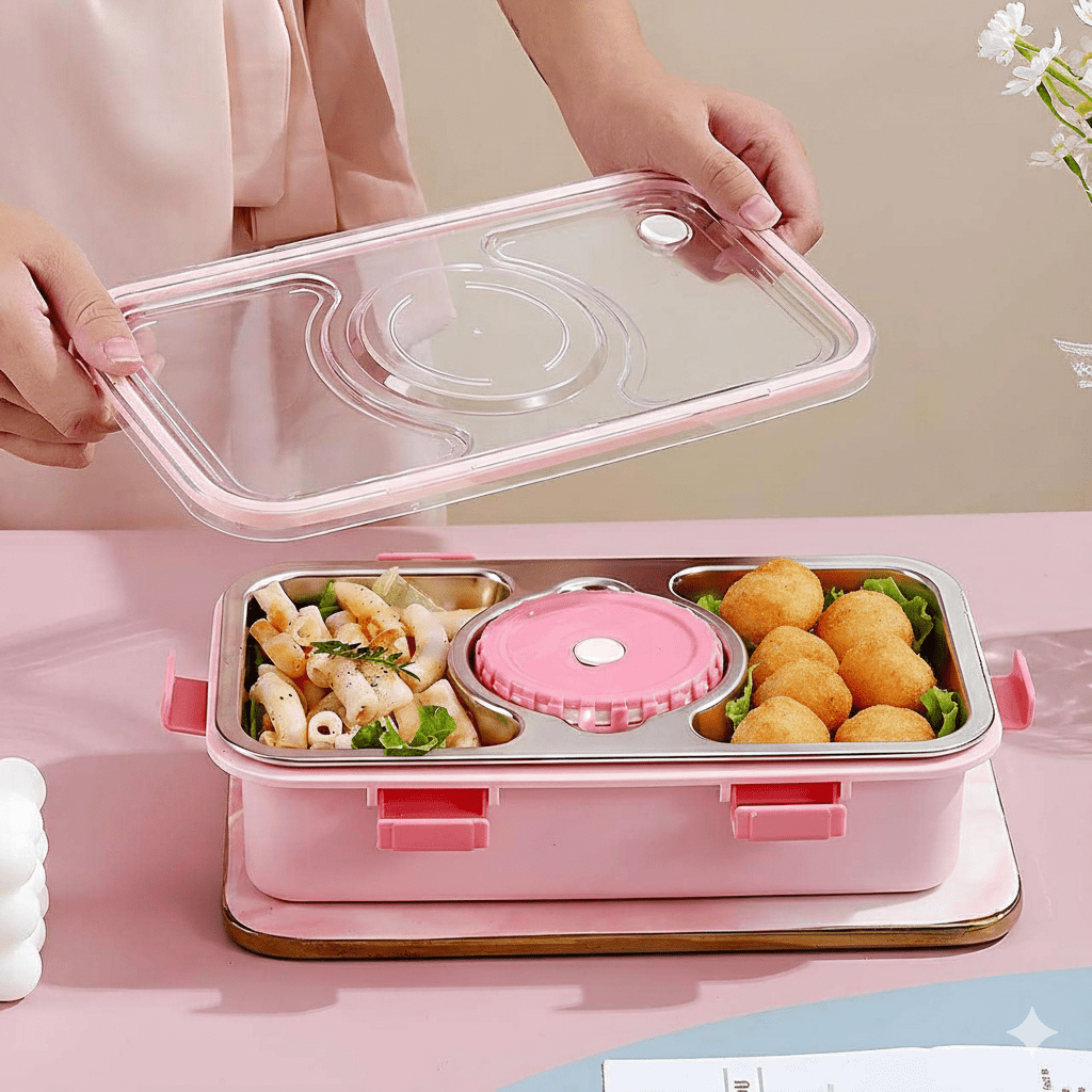 Personalised 3 Compartment Stainless Steel Bento Leakproof 750 Ml Lunch Box with Steel Spoon & Chopstick - The Gifting Era