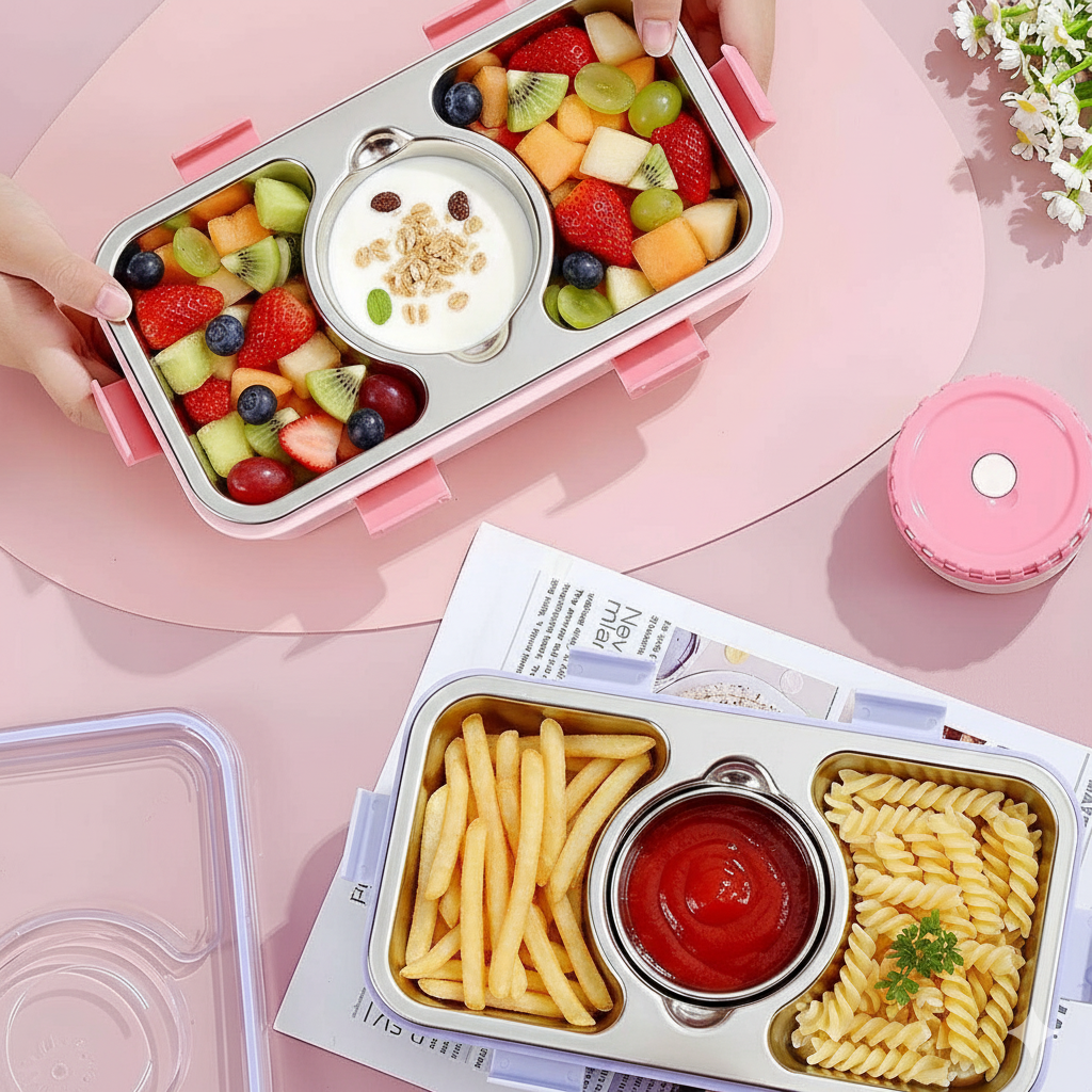 Personalised 3 Compartment Stainless Steel Bento Leakproof 750 Ml Lunch Box with Steel Spoon & Chopstick - The Gifting Era