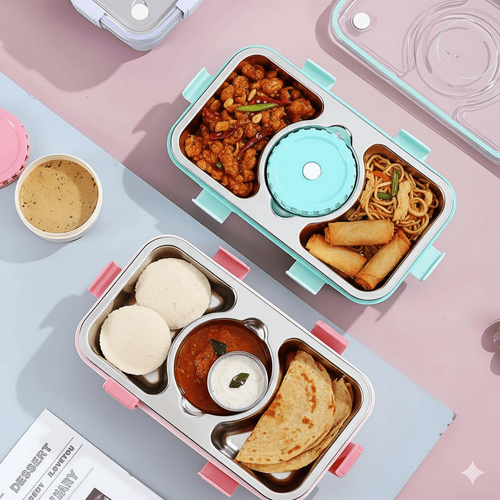 Personalised 3 Compartment Stainless Steel Bento Leakproof 750 Ml Lunch Box with Steel Spoon & Chopstick - The Gifting Era