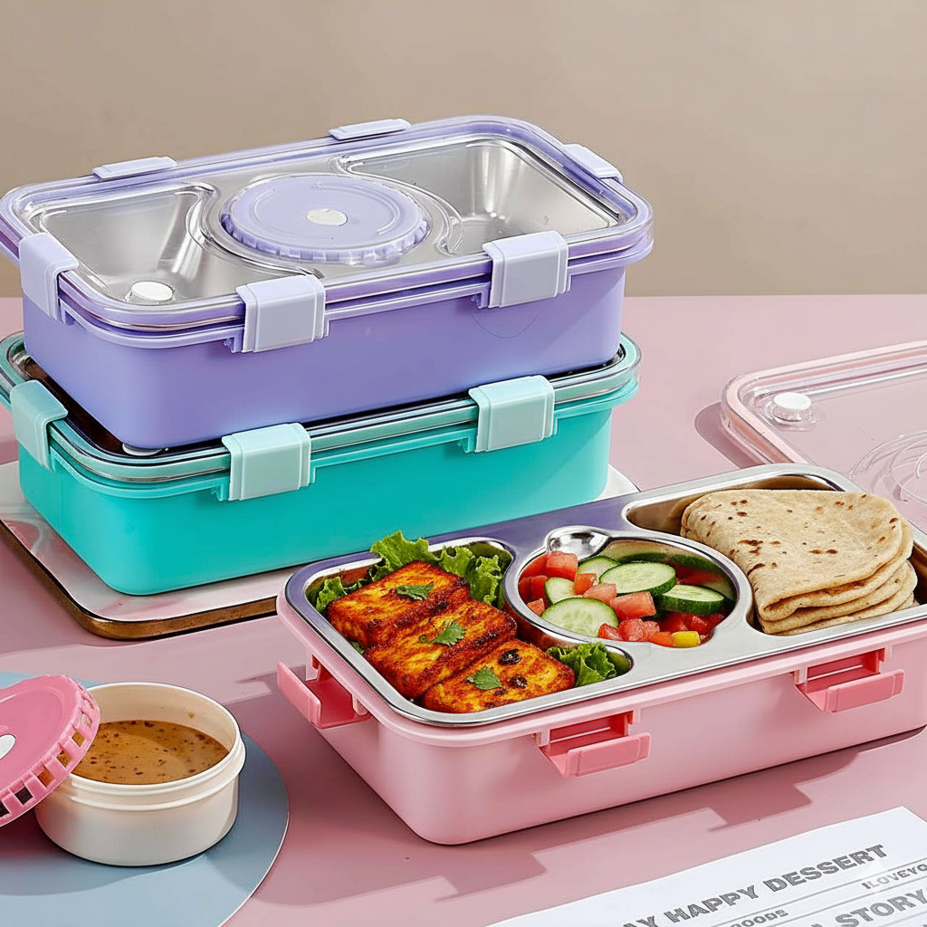 Personalised 3 Compartment Stainless Steel Bento Leakproof 750 Ml Lunch Box with Steel Spoon & Chopstick - The Gifting Era