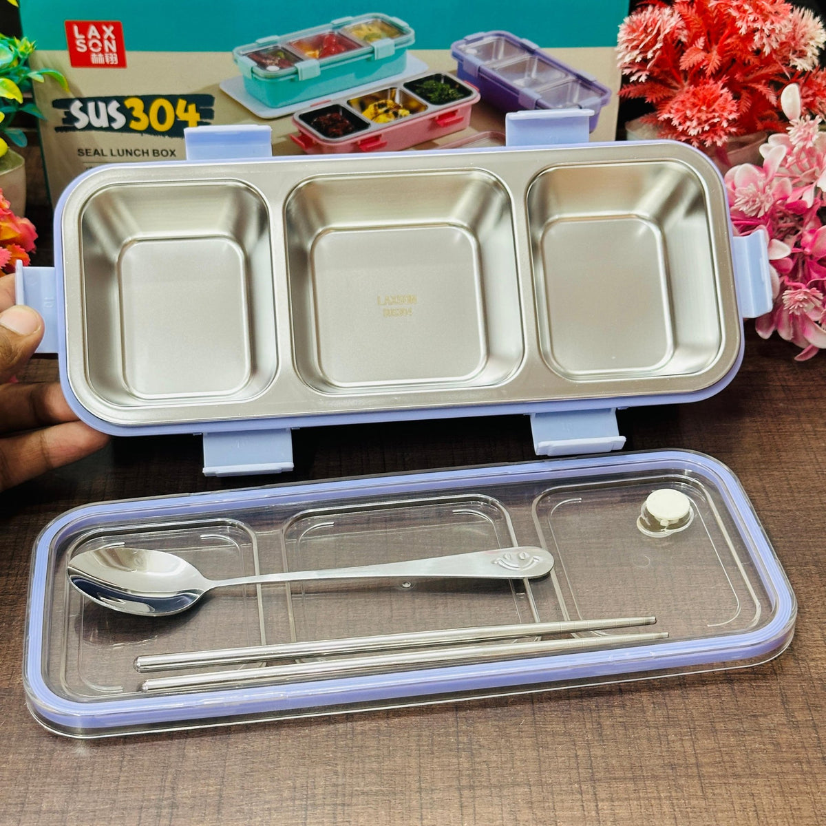 Personalised 3 Compartment Stainless Steel Bento Leakproof Lunch Box with Steel Spoon & Chopstick - The Gifting Era