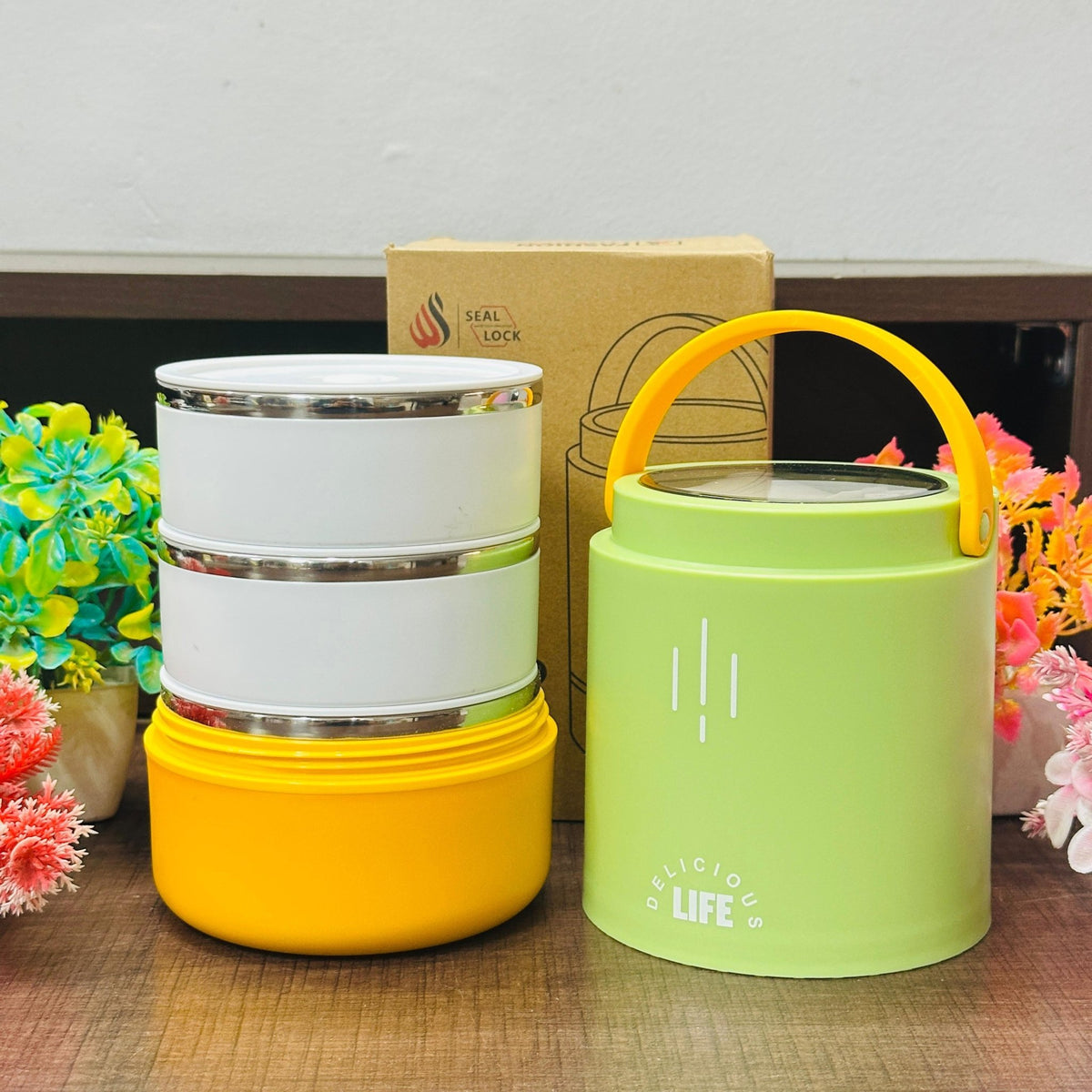 Personalised 3 Tier Vacuum Insulated Hot & Cold Jumbo Lunch Box with Foldable Spoon - 900 ML - The Gifting Era