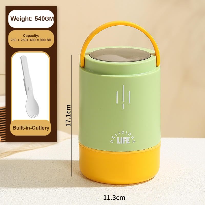 Personalised 3 Tier Vacuum Insulated Hot & Cold Jumbo Lunch Box with Foldable Spoon - 900 ML - The Gifting Era