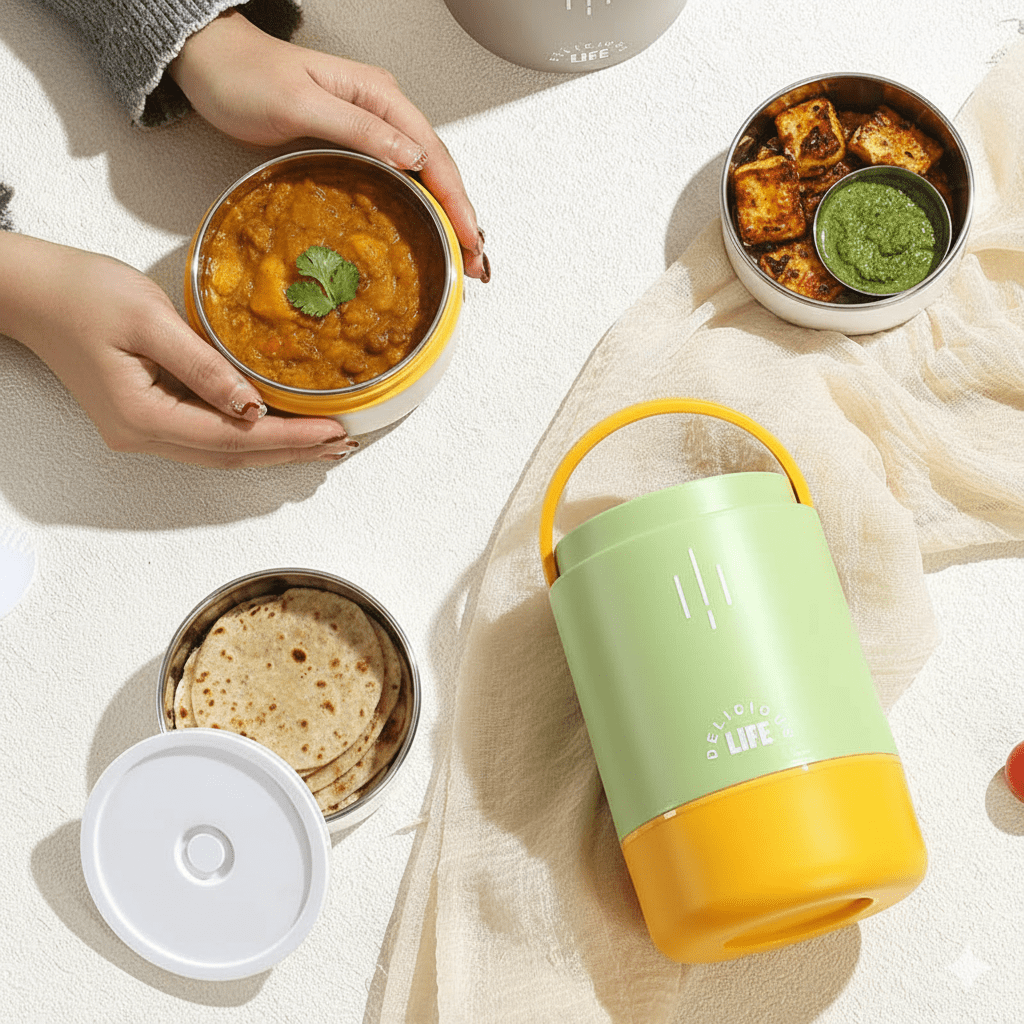 Personalised 3 Tier Vacuum Insulated Hot & Cold Jumbo Lunch Box with Foldable Spoon - 900 ML - The Gifting Era
