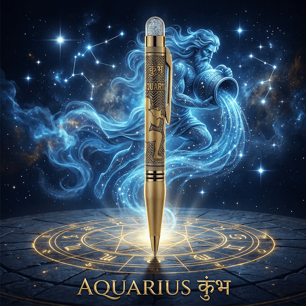 Personalised Aquarius / कुंभ Zodiac Engraved Premium Metal Twist Ball Pen with Crystal Top - The Gifting Era