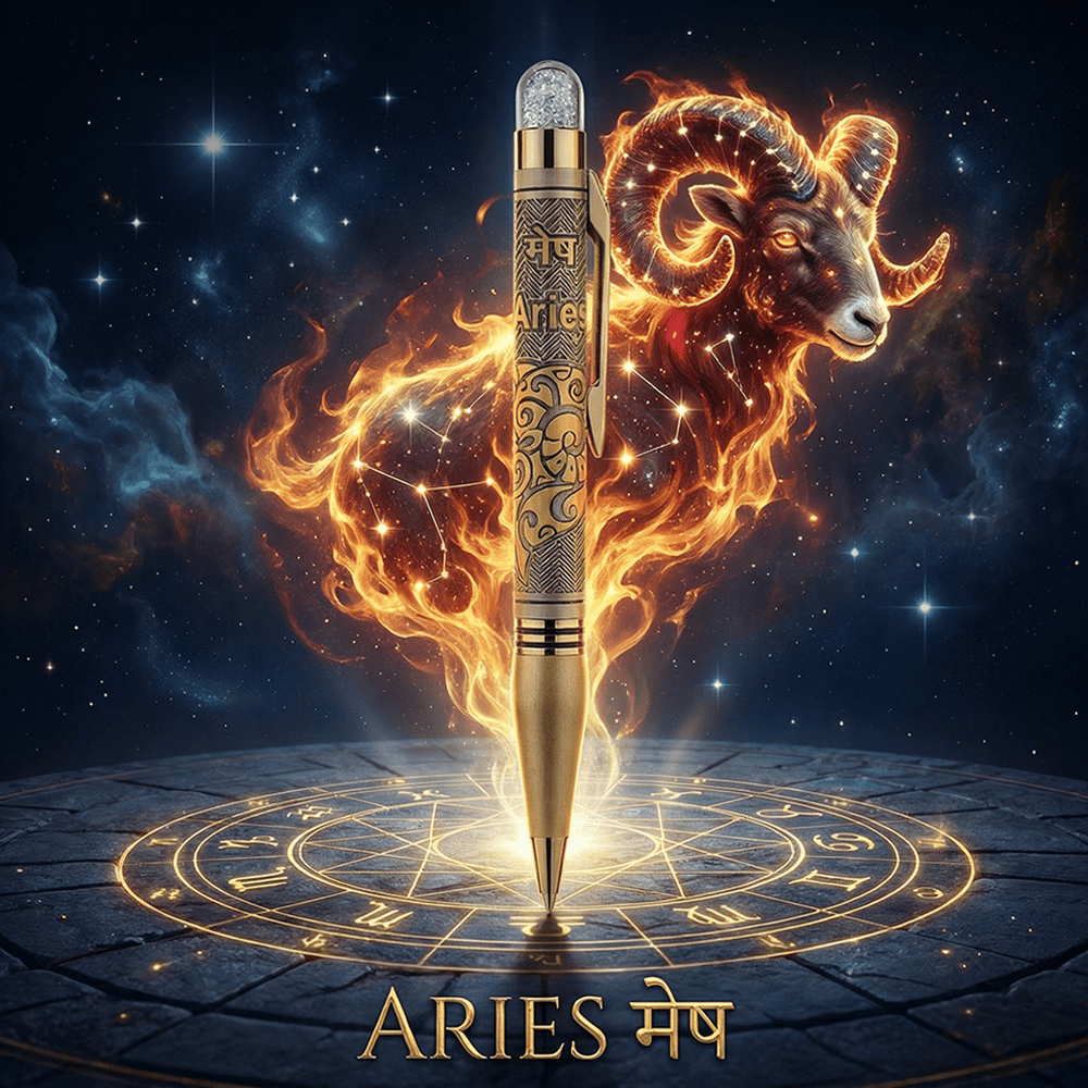 Personalised Aries / मेष Zodiac Engraved Premium Metal Twist Ball Pen with Crystal Top - The Gifting Era
