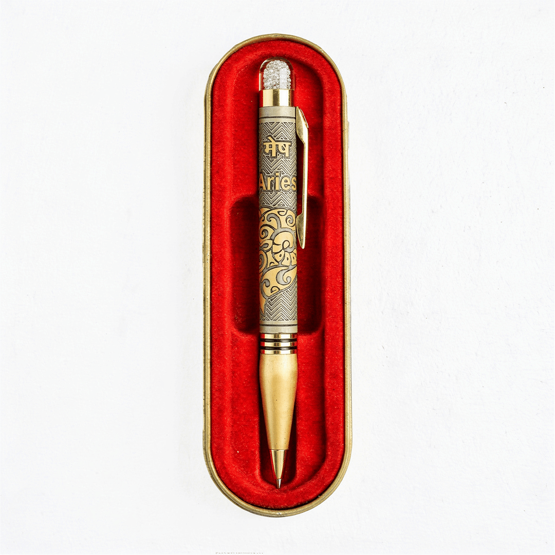 Personalised Aries / मेष Zodiac Engraved Premium Metal Twist Ball Pen with Crystal Top - The Gifting Era