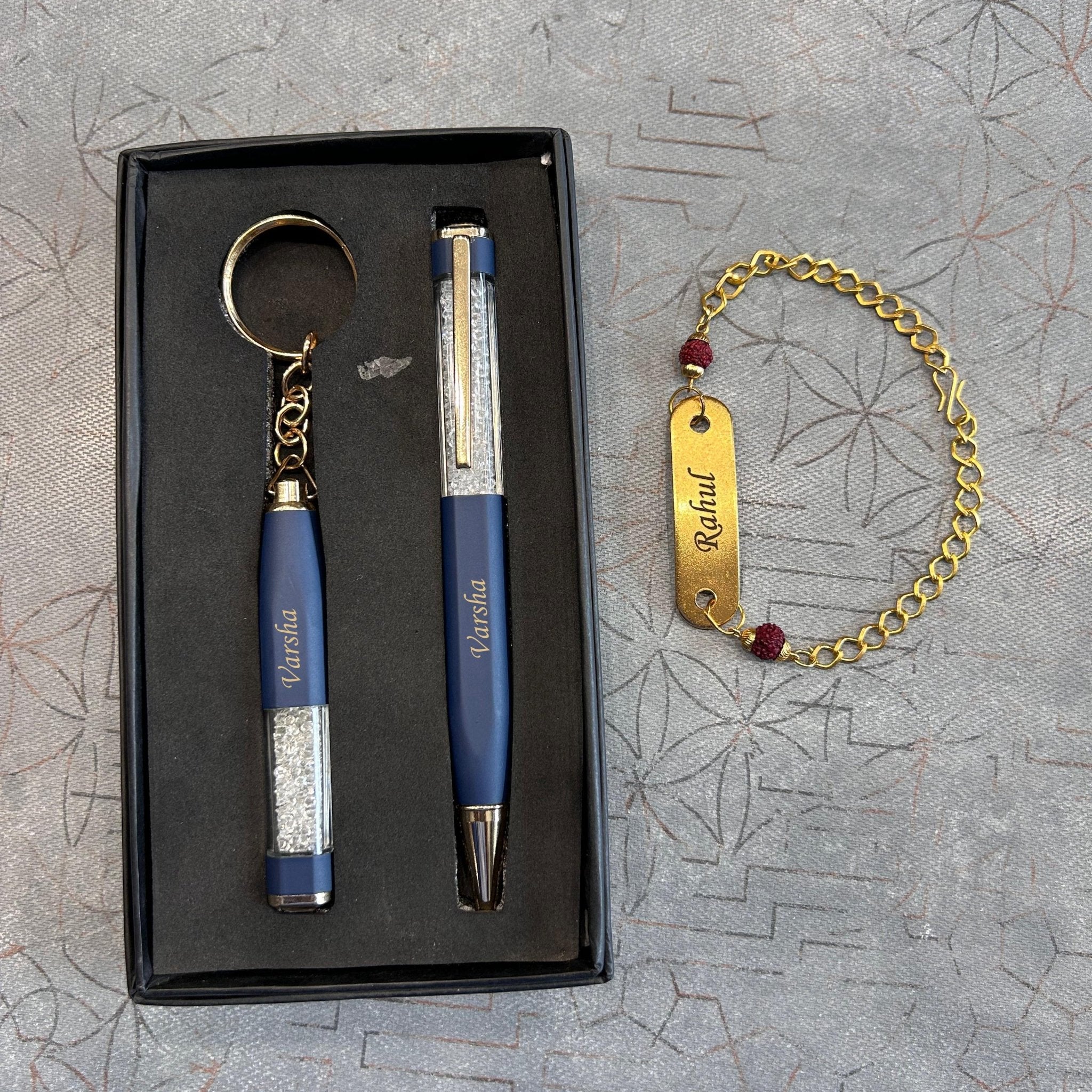Personalised Cubic Pen & Keychain Set With Rudraksh Rakhi 2.0 - The Gifting Era