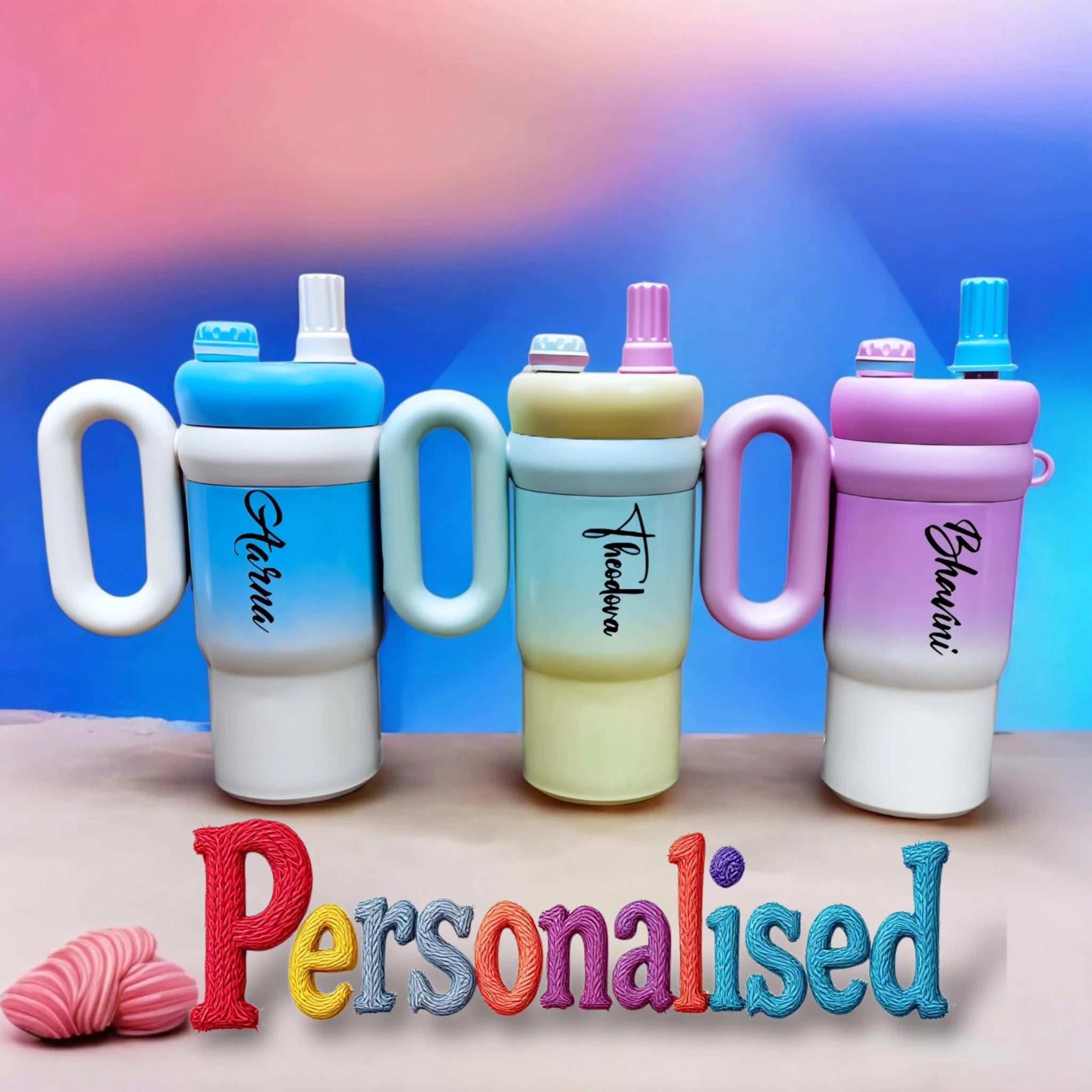 Personalised Kids Rainbow Sip Tumbler with Double Wall Vacuum Hot & Cold - Leakproof - 900 ML - The Gifting Era