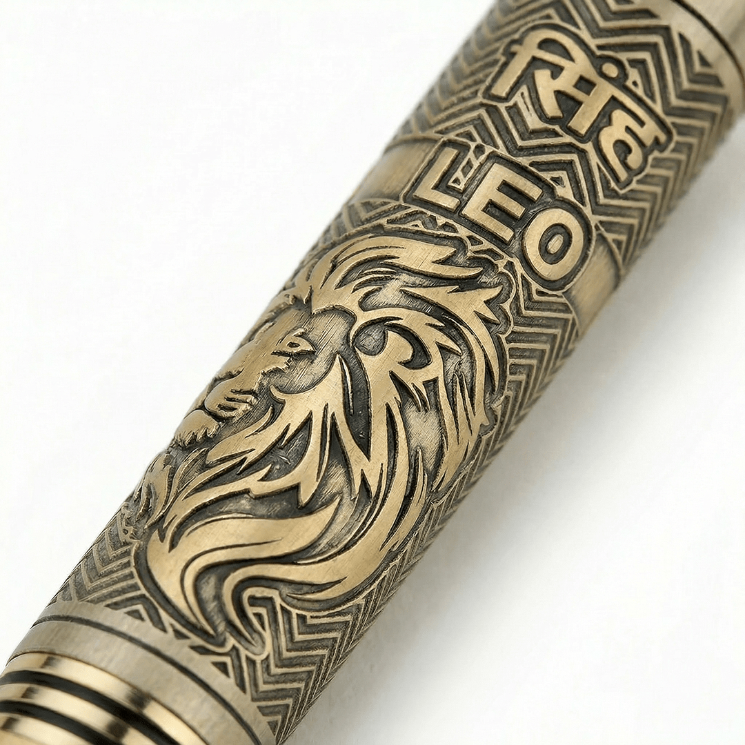 Personalised Leo / सिंह Zodiac Engraved Premium Metal Twist Ball Pen with Crystal Top - The Gifting Era