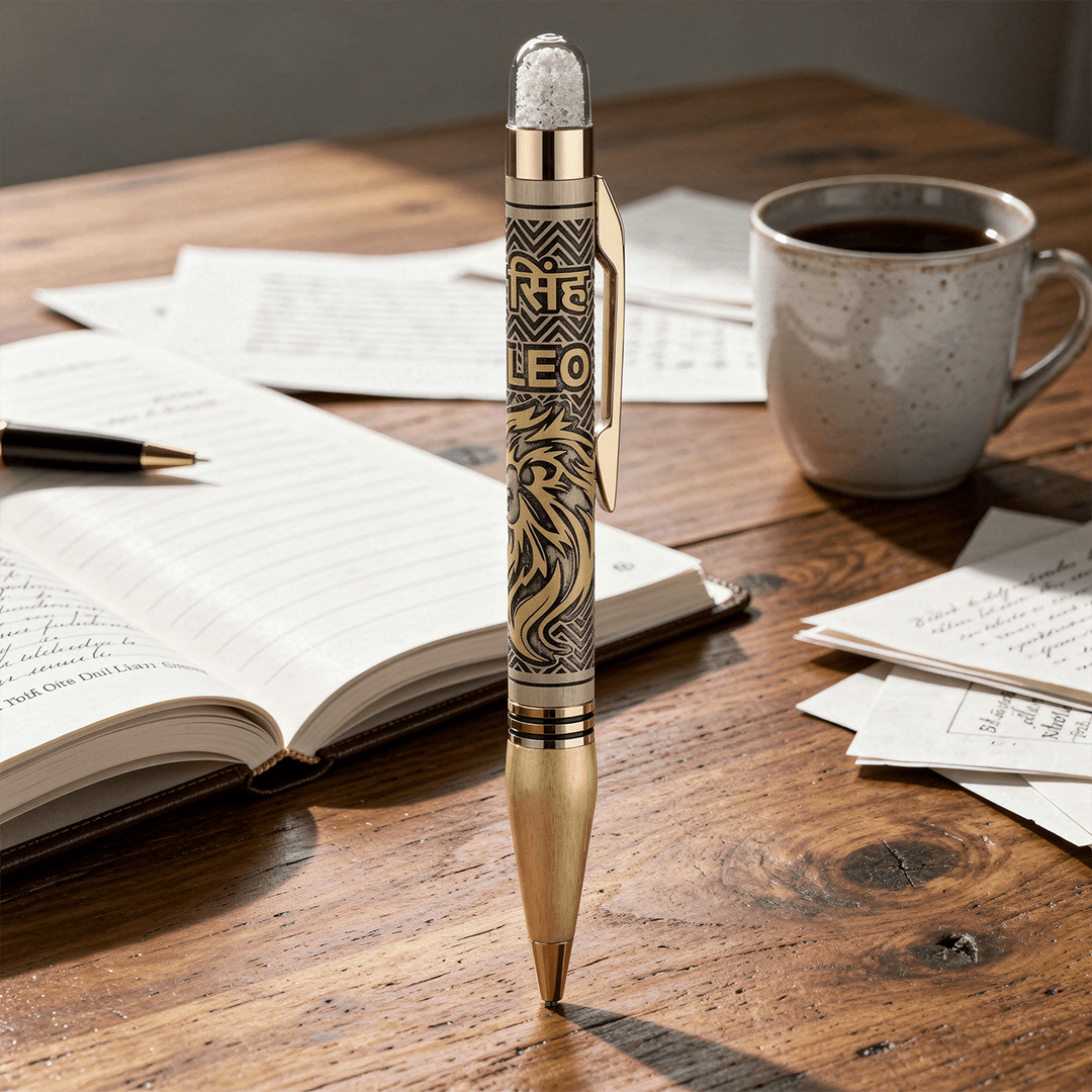 Personalised Leo / सिंह Zodiac Engraved Premium Metal Twist Ball Pen with Crystal Top - The Gifting Era