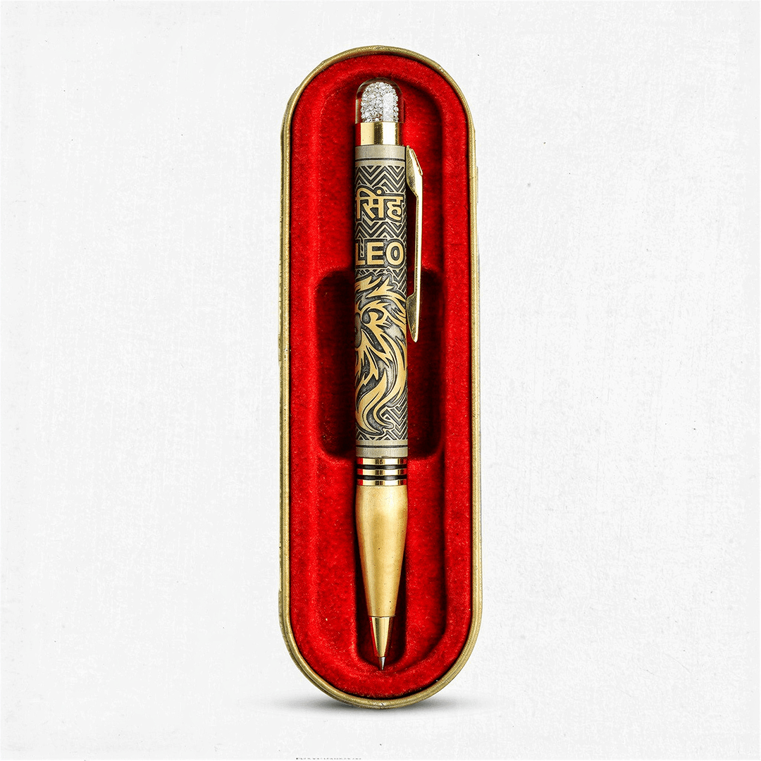 Personalised Leo / सिंह Zodiac Engraved Premium Metal Twist Ball Pen with Crystal Top - The Gifting Era