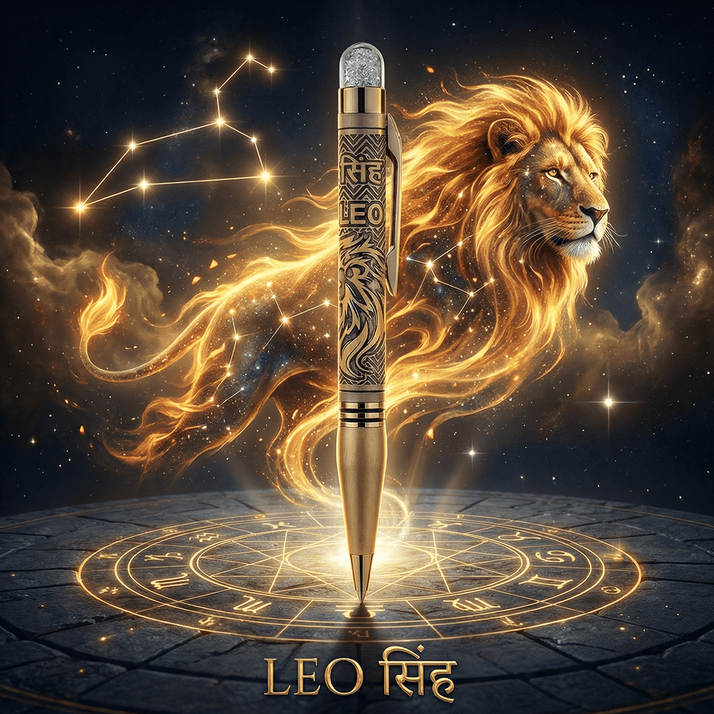 Personalised Leo / सिंह Zodiac Engraved Premium Metal Twist Ball Pen with Crystal Top - The Gifting Era
