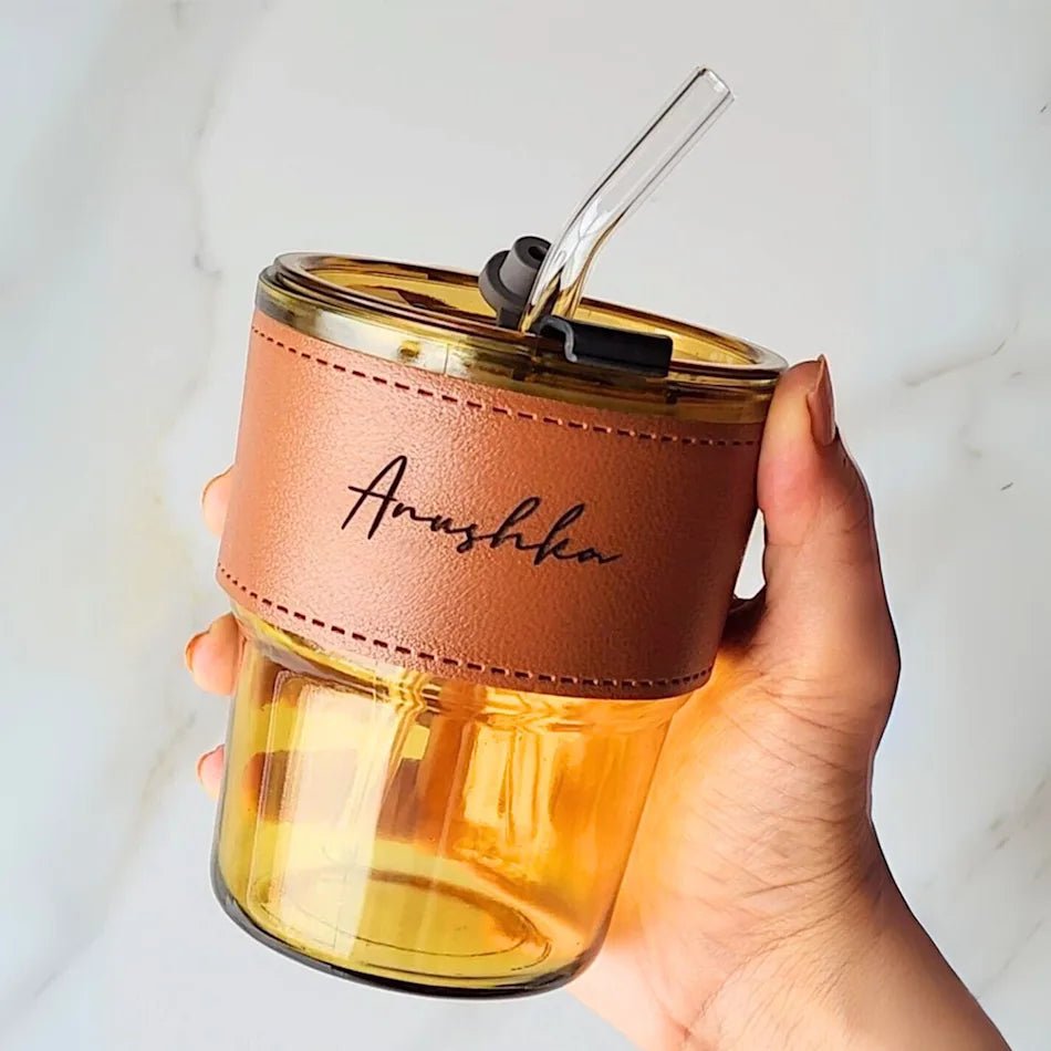 Personalised Premium Leather Sleeve Glass Coffee Tumbler with Glass Straw - The Gifting Era