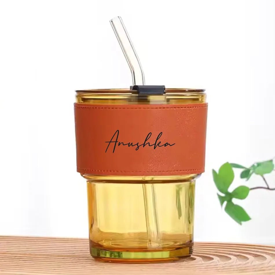 Personalised Premium Leather Sleeve Glass Coffee Tumbler with Glass Straw - The Gifting Era