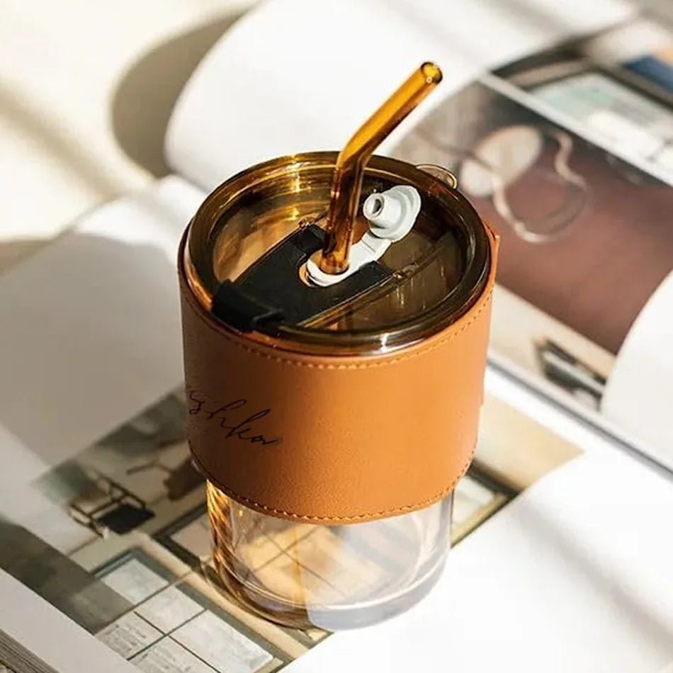 Personalised Premium Leather Sleeve Glass Coffee Tumbler with Glass Straw - The Gifting Era