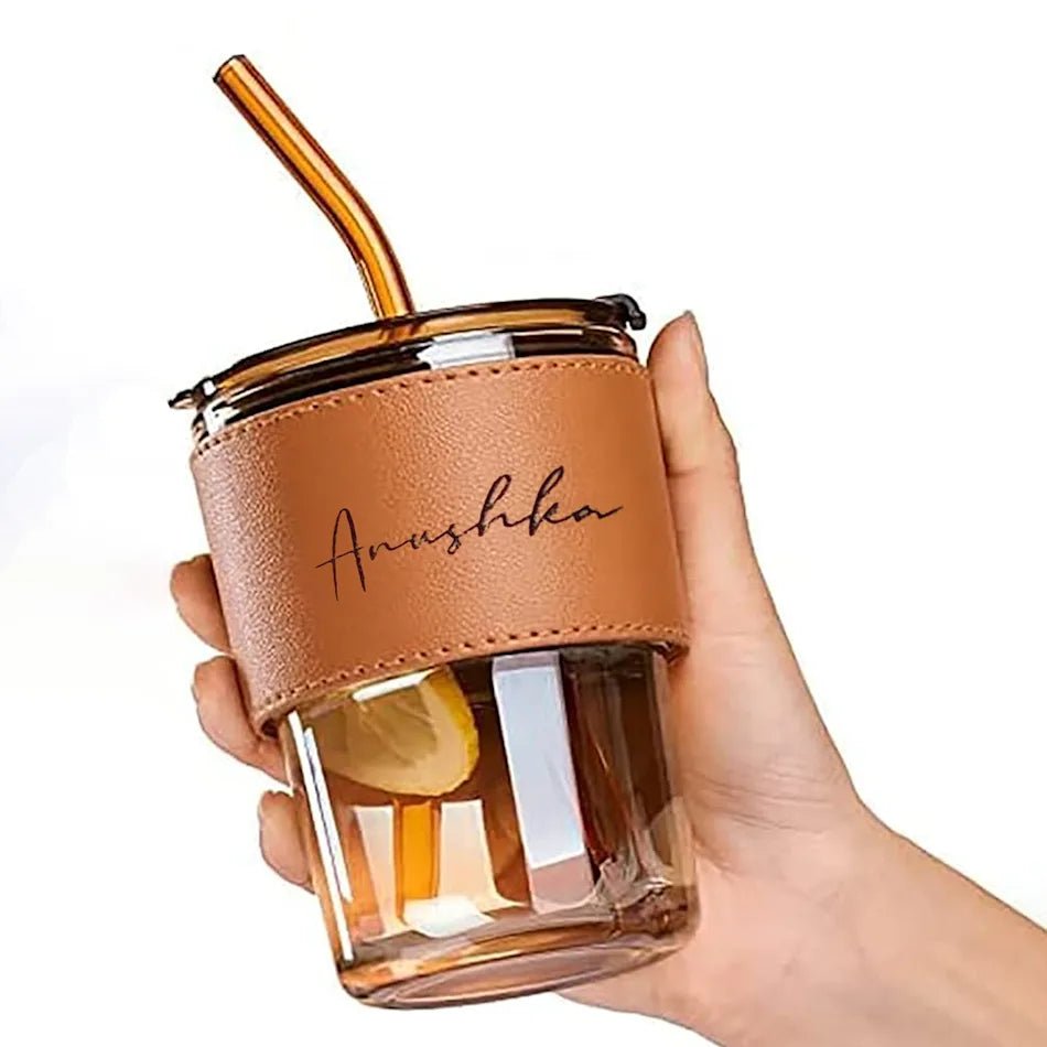 Personalised Premium Leather Sleeve Glass Coffee Tumbler with Glass Straw - The Gifting Era