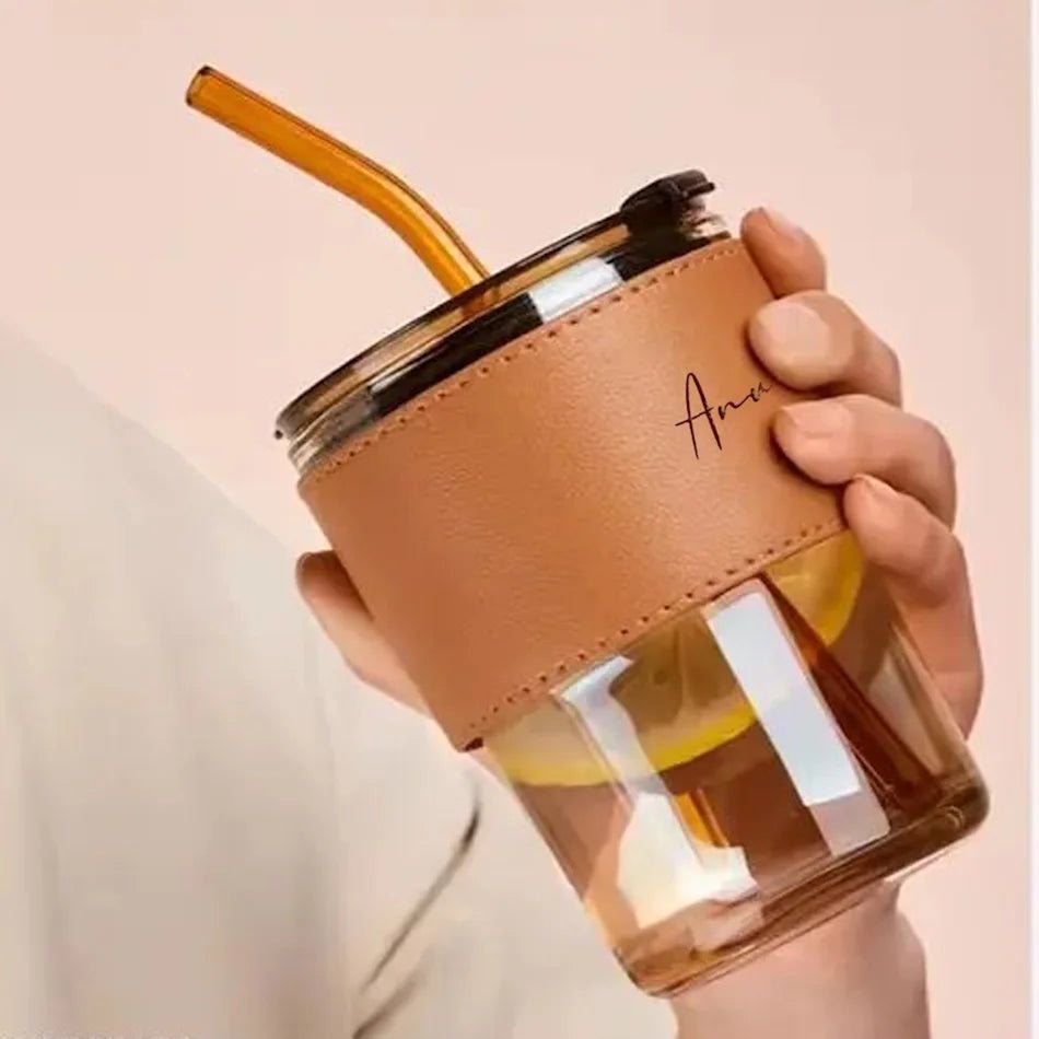 Personalised Premium Leather Sleeve Glass Coffee Tumbler with Glass Straw - The Gifting Era