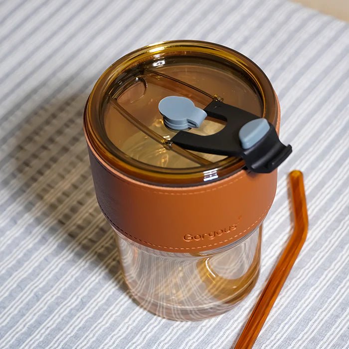 Personalised Premium Leather Sleeve Glass Coffee Tumbler with Glass Straw - The Gifting Era