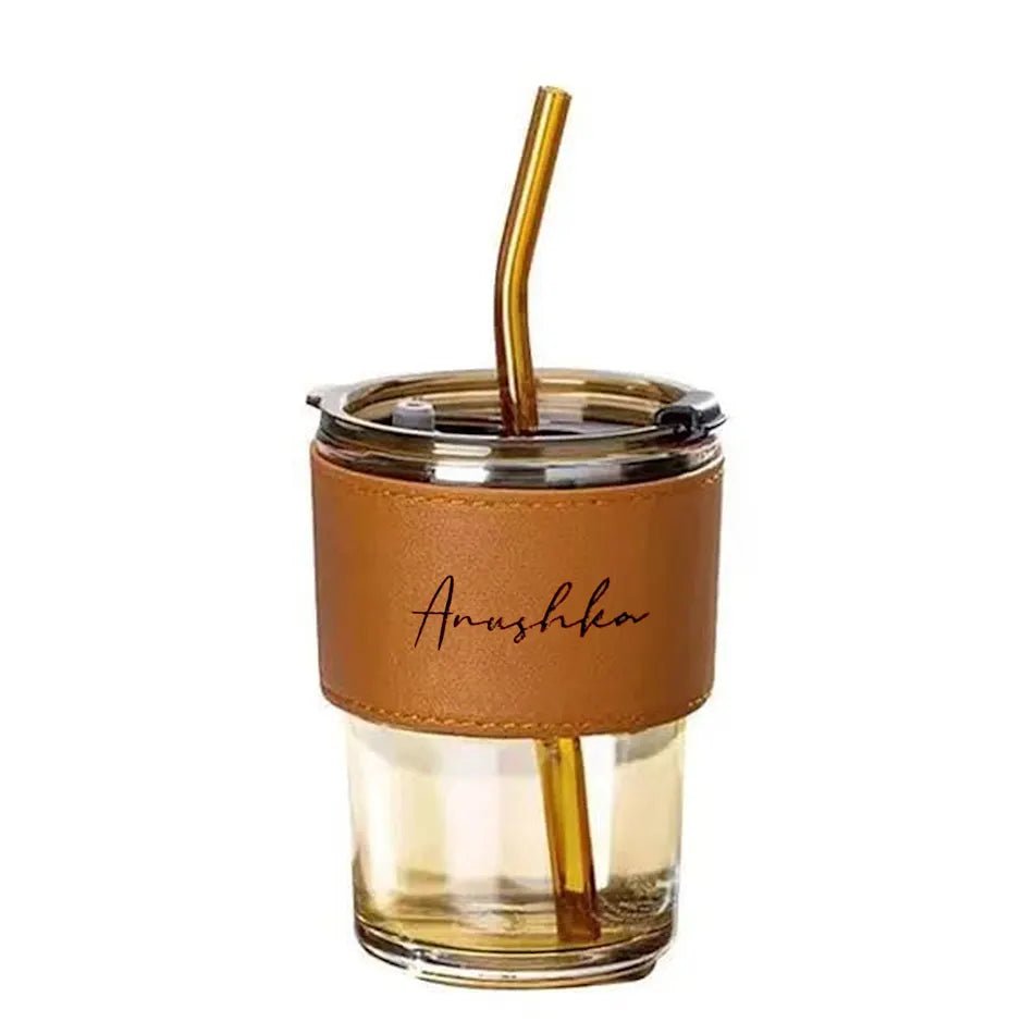 Personalised Premium Leather Sleeve Glass Coffee Tumbler with Glass Straw - The Gifting Era