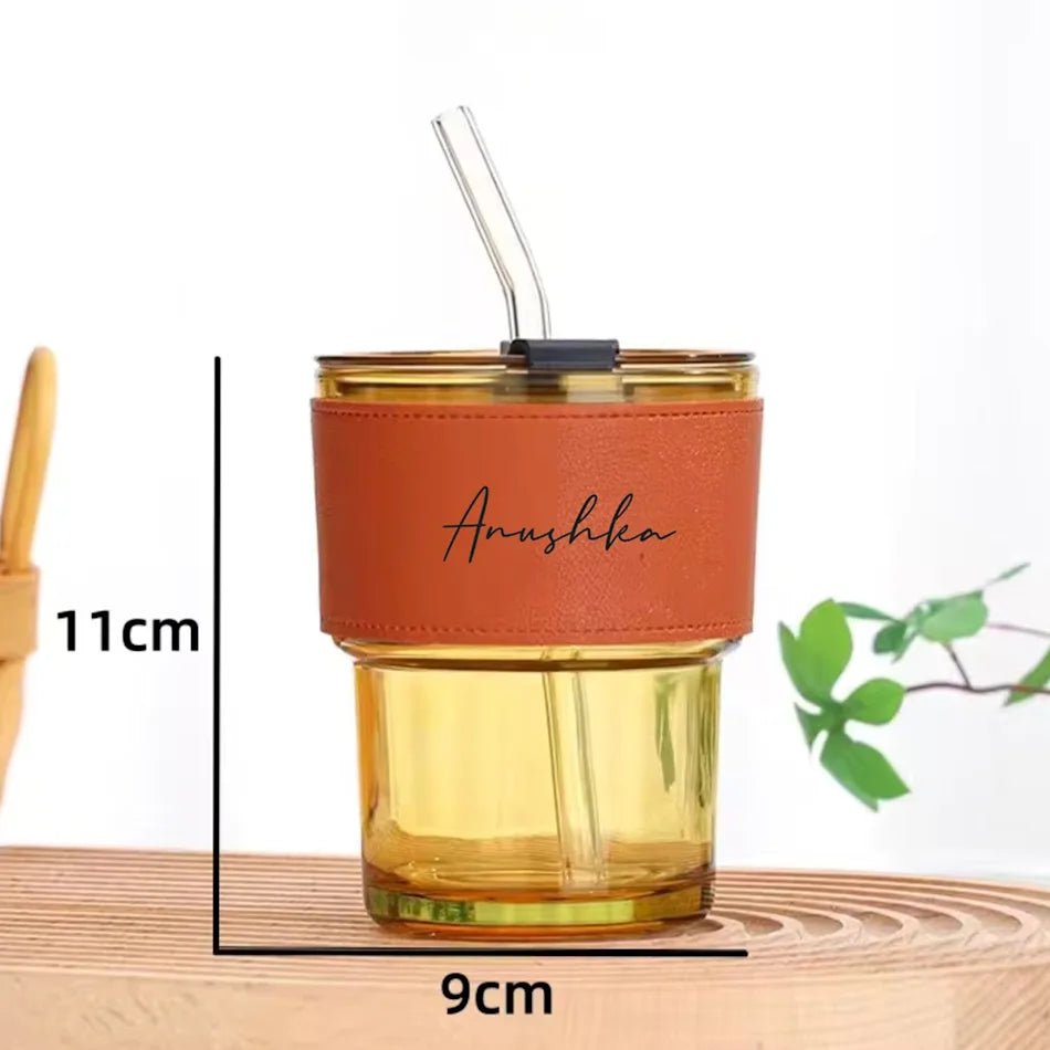 Personalised Premium Leather Sleeve Glass Coffee Tumbler with Glass Straw - The Gifting Era