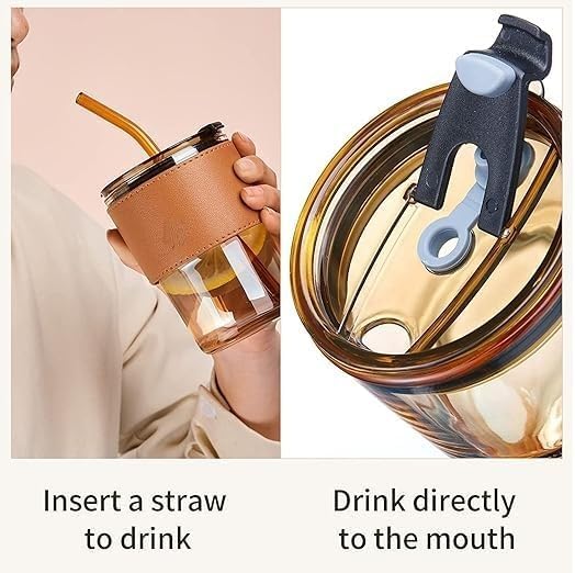 Personalised Premium Leather Sleeve Glass Coffee Tumbler with Glass Straw - The Gifting Era