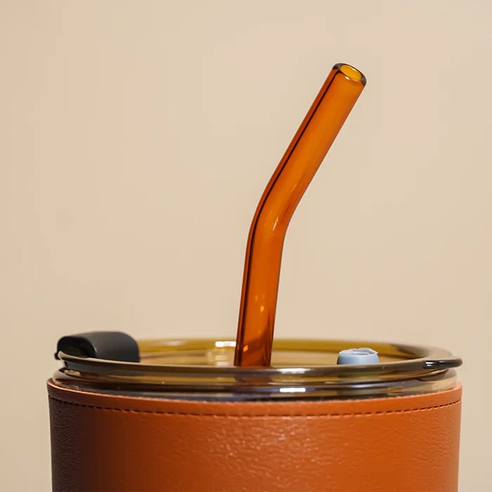 Personalised Premium Leather Sleeve Glass Coffee Tumbler with Glass Straw - The Gifting Era