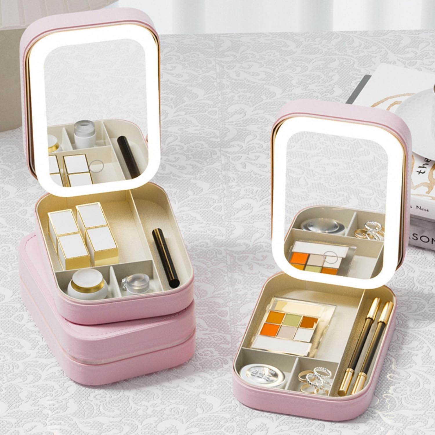 Personalised Printed Jewellery & Makeup Organiser Vanity Box with Rechargeable Touch Sensor Led Mirror - 3 Light Mode - The Gifting Era