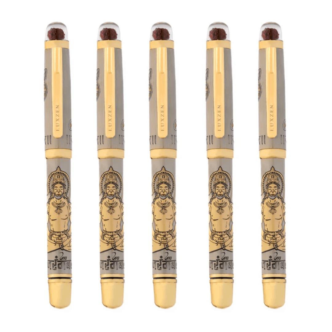Personalised Sacred Lord Bajrangbali Hanuman Metal Roller Pen with Rudraksh Bead Embed - The Gifting Era