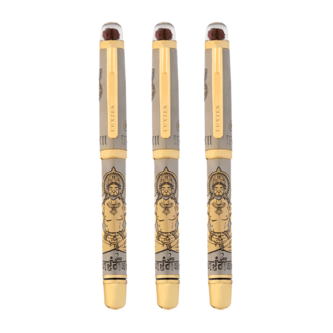 Personalised Sacred Lord Bajrangbali Hanuman Metal Roller Pen with Rudraksh Bead Embed - The Gifting Era