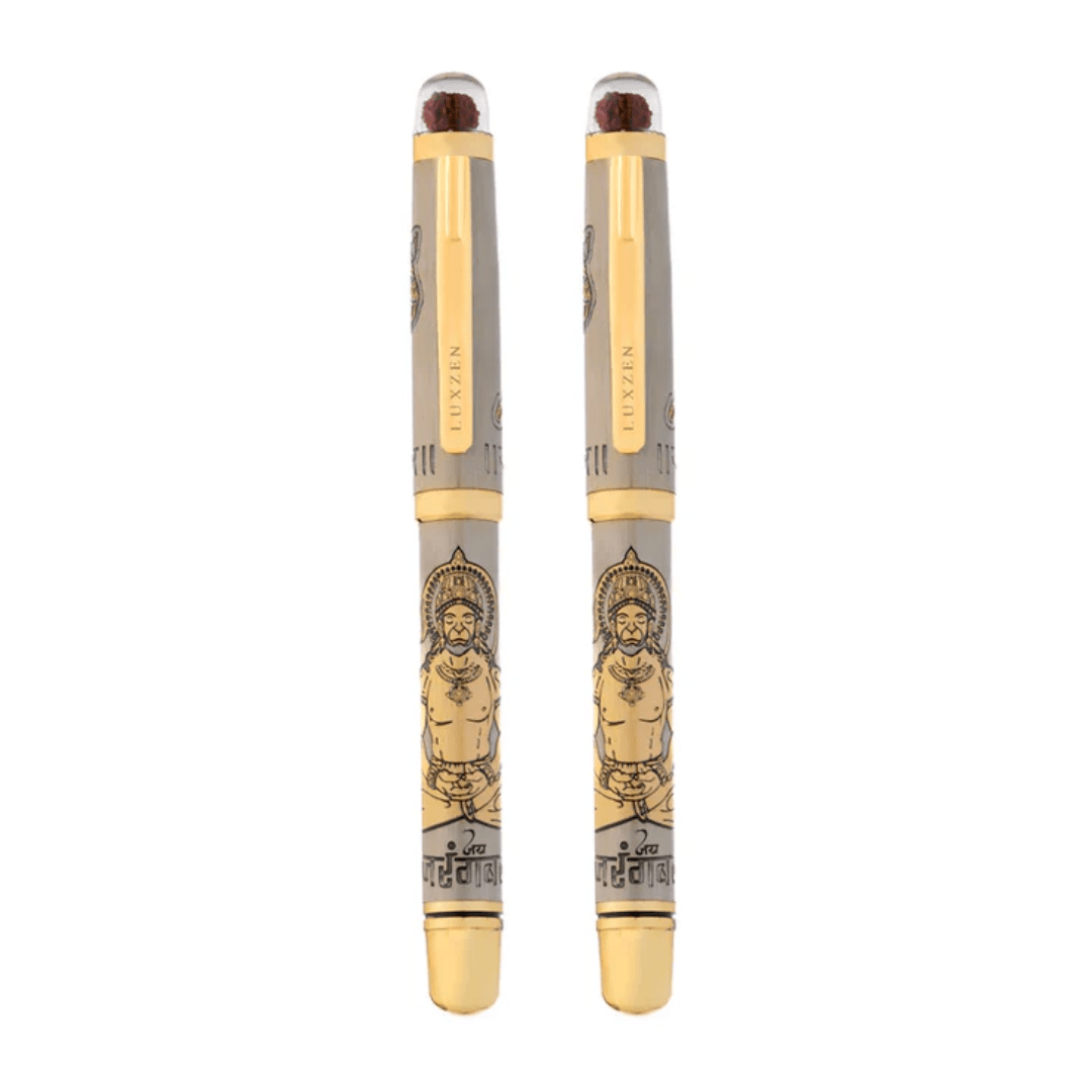 Personalised Sacred Lord Bajrangbali Hanuman Metal Roller Pen with Rudraksh Bead Embed - The Gifting Era