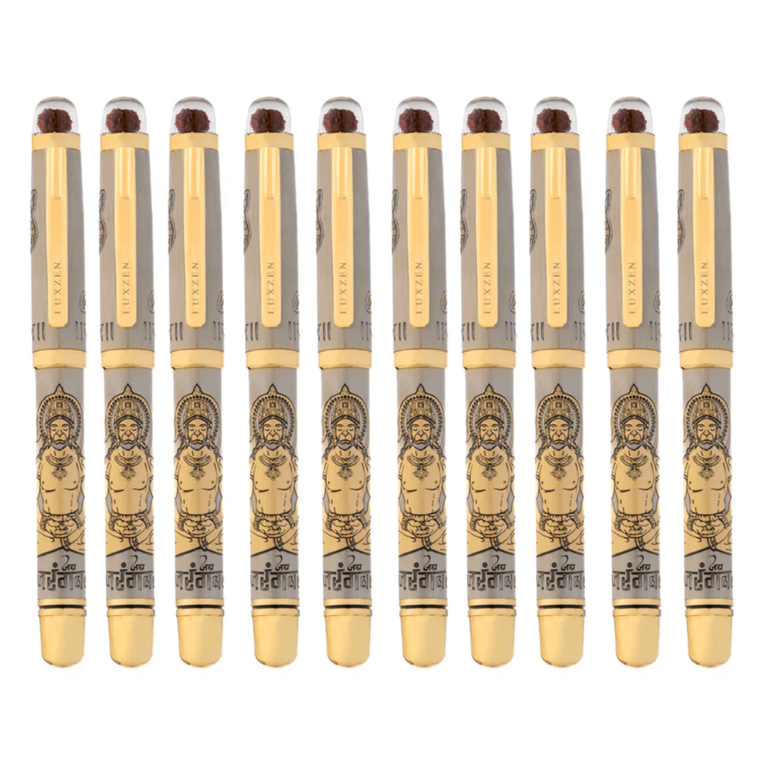 Personalised Sacred Lord Bajrangbali Hanuman Metal Roller Pen with Rudraksh Bead Embed - The Gifting Era