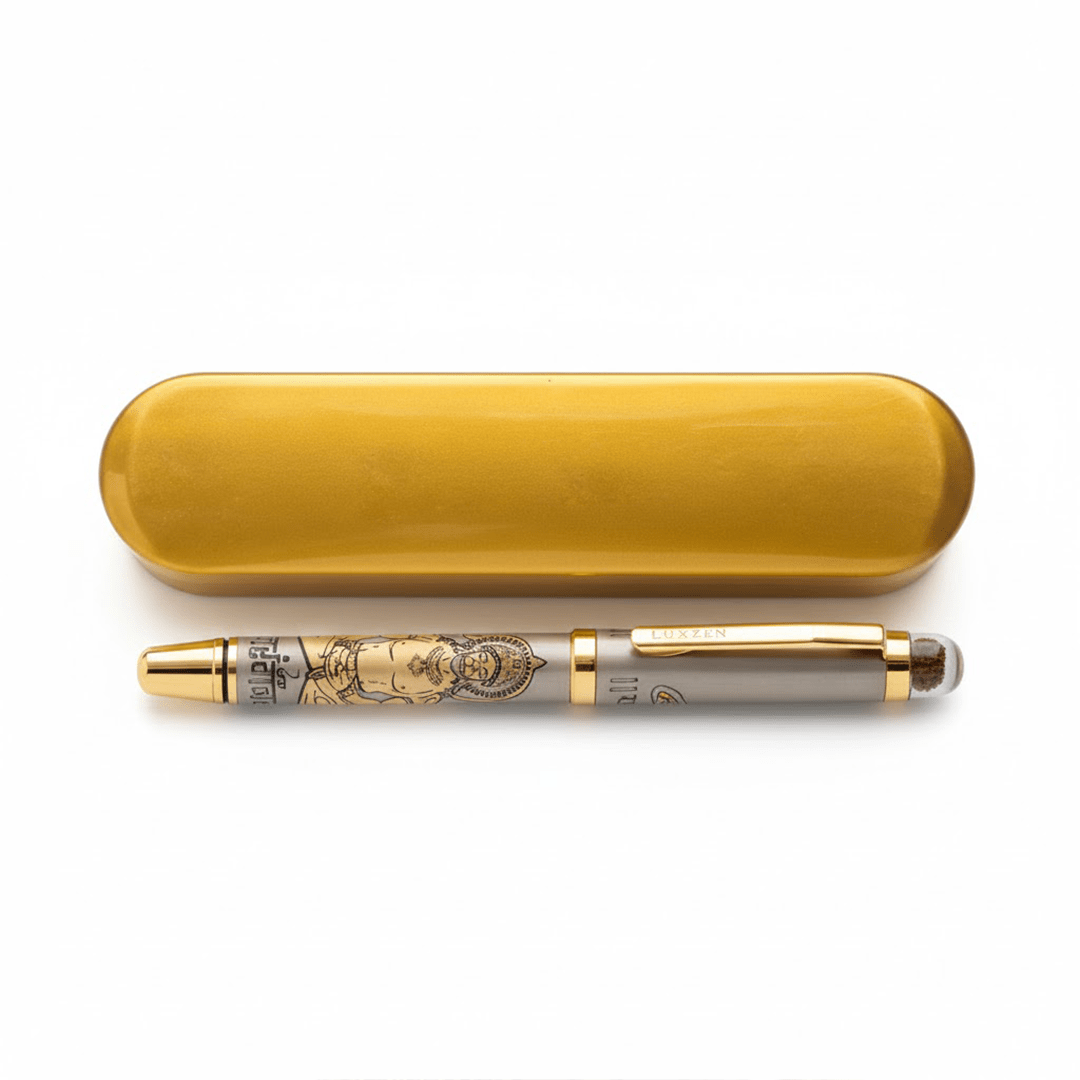 Personalised Sacred Lord Bajrangbali Hanuman Metal Roller Pen with Rudraksh Bead Embed - The Gifting Era